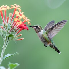 Fototapeta premium Hummingbird sips nectar from orange and red flowers