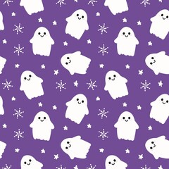 Cute ghost pattern on purple background, perfect for Halloween, spooky season, or fun digital designs. Features smiling white ghosts and tiny stars.