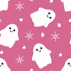 Cute pink ghost pattern with smiling cartoon ghosts and white stars, perfect for Halloween, kids' designs, or spooky fun.