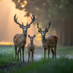 Fototapeta premium Three deer standing on a path in a misty forest at sunrise