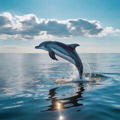 Fototapeta premium Dolphin jumping from the sea under a cloudy sky marine life