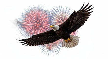 Naklejka premium Bald eagle flying over fireworks