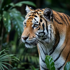 Obraz premium Close-up Portrait of a Tiger in Lush Green Jungle Foliage