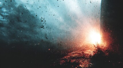 Abstract of an exploding fire with shattered glass and debris at night