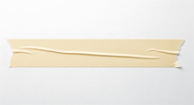 A piece of pale yellow masking tape, slightly wrinkled and torn at the edges, is shown against a plain white background. It's a simple, isolated image.