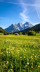 Alpine meadow with snow-capped peaks