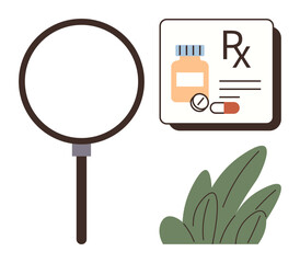 Magnifying glass focusing on prescription bottle, pills, and label next to green leaves. Ideal for pharmacy, healthcare, safety, analysis, research education and awareness concepts. Simple flat