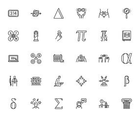Culture and Education icon set. Vector illustration. Minimalist line icons pack. Includes symbols for Pi, Delta, Kpop, Manga, Online Education, Diversity, Black Lives Matter, Back to School, and more.