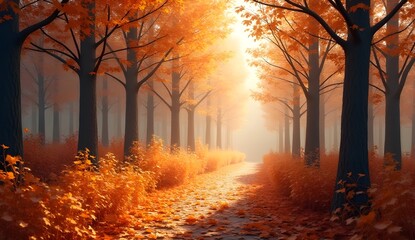 Golden Hour Glow: Serene Autumn Forest Path Amid Foliage