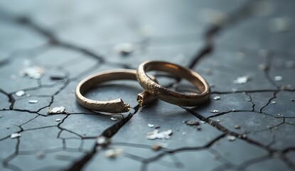 Shattered Vows: Broken Gold Wedding Rings on Cobblestone