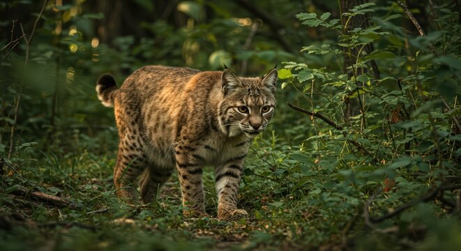 Bobcat walking through forest