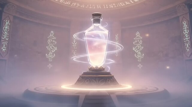 Mystical glowing potion in an ancient stone chamber surrounded by ethereal symbols and mist