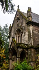 Old stone chapel facade in forest