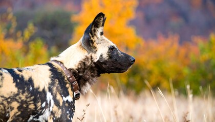 Side view of a wild dog in an autumnal landscape.