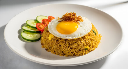 Delicious plate of yellow fried rice topped with a sunny side up egg served with fresh cucumber and tomato slices on a white oval dish perfect for breakfast or lunch