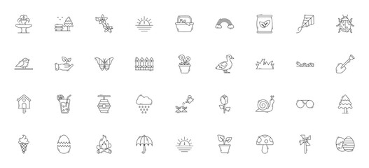 Spring icon set. Vector illustration of spring elements. Includes fountain, park, cherry blossom, picnic, rainbow, butterfly, duck, tulip, Easter egg and more. Editable stroke.