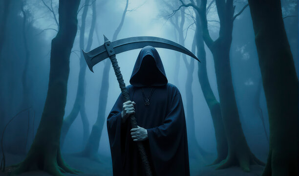 Figura de la muerte con t&uacute;nica oscura y guada&ntilde;a en bosque sombr&iacute;o evocando misterio, temor y simbolismo