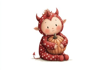 Naklejka premium Painted in watercolor a baby demon embraces an unusual creature doll, the simple white backdrop highlighting a balance of fantasy charm and mysterious beauty.