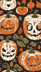 Spooky Seamless Pattern of Glowing Jack-O'-Lanterns for Halloween