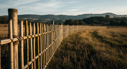 Obraz premium Scenic rural landscape with bamboo fence running through grassy field under clear sky with mountains in the distance perfect for nature outdoor and countryside themes