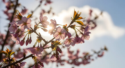 Beautiful cherry blossom branches with pink flowers against a bright blue sky and sunlight creating a serene springtime scene perfect for nature and floral themes