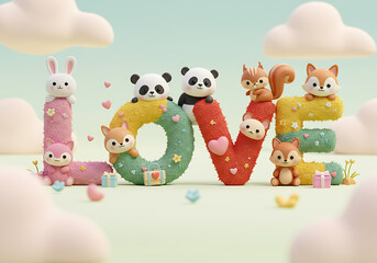 Cute Animals LOVE 3D Render Illustration
