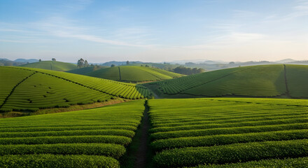 Beautiful lush green rolling hills and vibrant tea plantations under clear blue sky in a scenic rural landscape perfect for travel and nature themes
