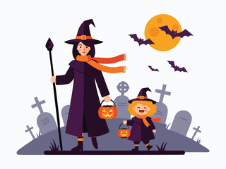 Cartoon Witch and Child in Halloween Costumes with Pumpkin Lanterns and Staff.