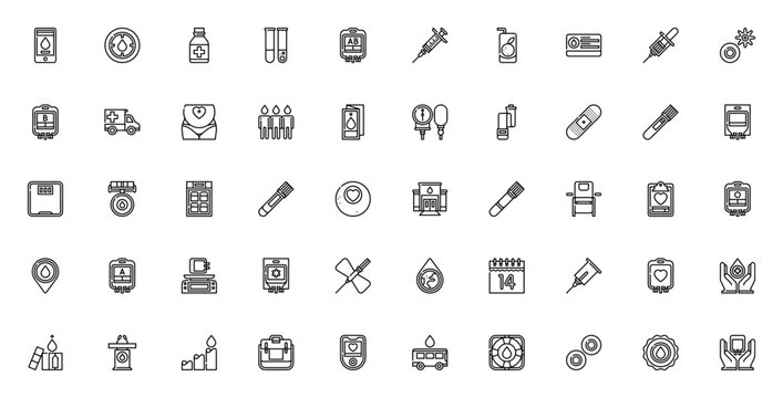 World Blood Donor Day icon set. Vector illustration pack. Includes symbols for blood donation, blood bag, syringe, donor card, ambulance, plasma, volunteer and more. Editable stroke.