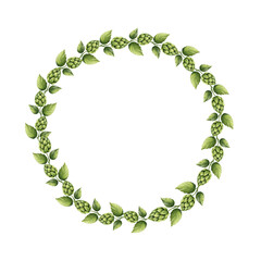 Circular watercolor wreath frame made of hop branches and leaves. Suitable for beer labels, Oktoberfest invitations, brewery branding, rustic posters, menus, and festive design projects.
