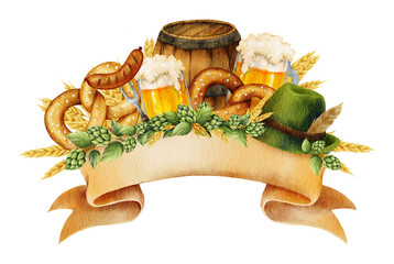 Watercolor composition of frothy lager beer mugs, pretzels, sausage, hops, wheat, Bavarian hat, and wooden beer barrel. Perfect for Oktoberfest and beer-themed designs.