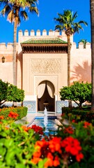 Moroccan courtyard, vibrant colors, architecture