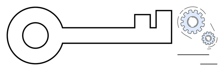 Minimalistic design of a key merging with gear mechanisms. Ideal for innovation, technical solutions, problem solving, security, process improvement, creativity, and unlocking potential in a simple
