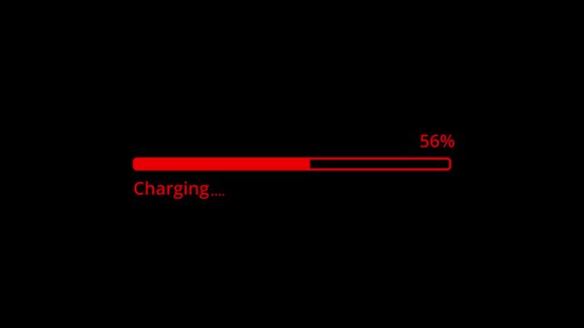 Bettery icon, charging battery indicator with black screen background, 4k Animation, Progress loading bar indicator from 0 to 100 increasing percentage. 