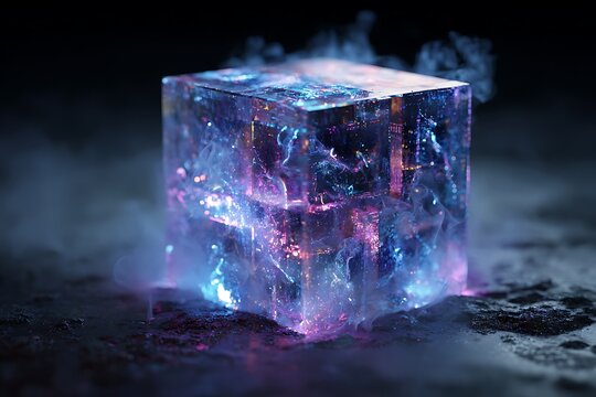 Mysterious glowing crystalline cube emits vibrant blue and purple light with wisps of smoke on a dark textured surface