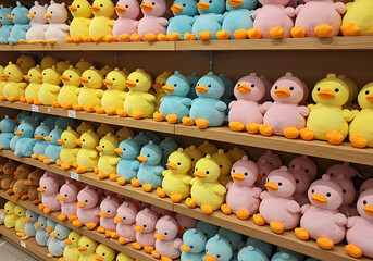 Obraz premium Cute Plush Duck Toys Shelf Display