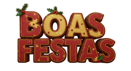 Boas festas text with christmas holly and berries on top of the letters on a black background