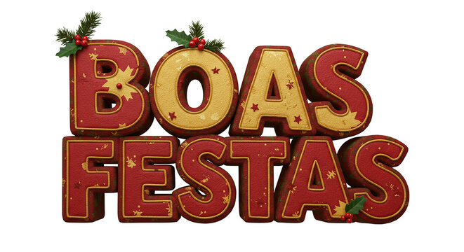 Boas festas text with christmas holly and berries on top of the letters on a black background