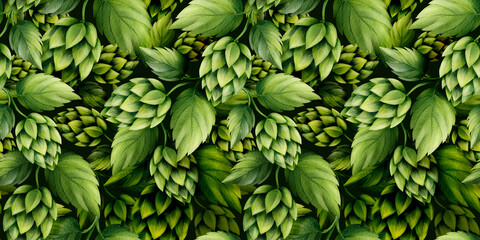 Seamless watercolor pattern of hop cones and green leaves on dark background. Suitable for beer labels, brewery branding, Oktoberfest designs, rustic packaging, fabric prints and festive layouts.