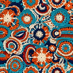Boho Mandala Floral Seamless Pattern in Vibrant Orange and Teal