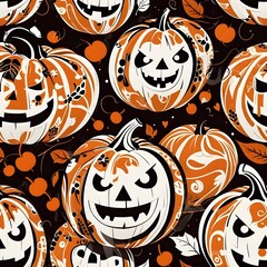 Spooky Orange Jack-o'-Lantern Seamless Pattern with Grinning Pumpkins