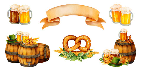 Watercolor Oktoberfest set beer mugs with light and dark beer, wooden barrels, pretzel with hops, wheat, green Bavarian hat, grilled sausage, and a ribbon banner. For posters, menus, and invitations.
