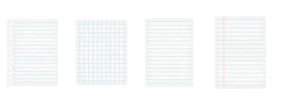 Paper page of notebook. School sheet with lines and grid. White sheets for notes. Notepad for mathematics and letter. Realistic blank notepaper with shadow isolated on white background