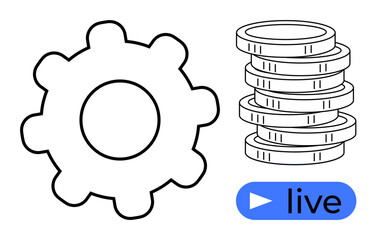 Gear symbol for productivity, coin stack for finance, play button for live streaming. Ideal for technology, industry, innovation, economy, finance digital transformation online activity. Simple