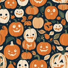 Vibrant Orange Halloween Pumpkin Seamless Pattern with Autumn Foliage