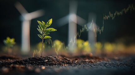 Small tree and wind turbine stand against blurred financial stock chart