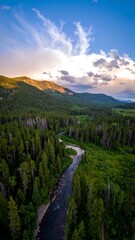 Scenic mountain river valley at sunset