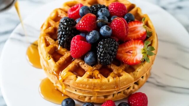 A stack of waffles topped with mixed berries and syrup resting on a white plate