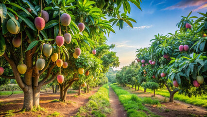 Mango trees with ripe fruit in a lush orchard under blue sky