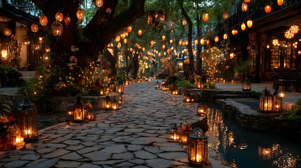 Illuminated Pathway Adorned With Oil Lamps and Lanterns During Diwali Festival Evening